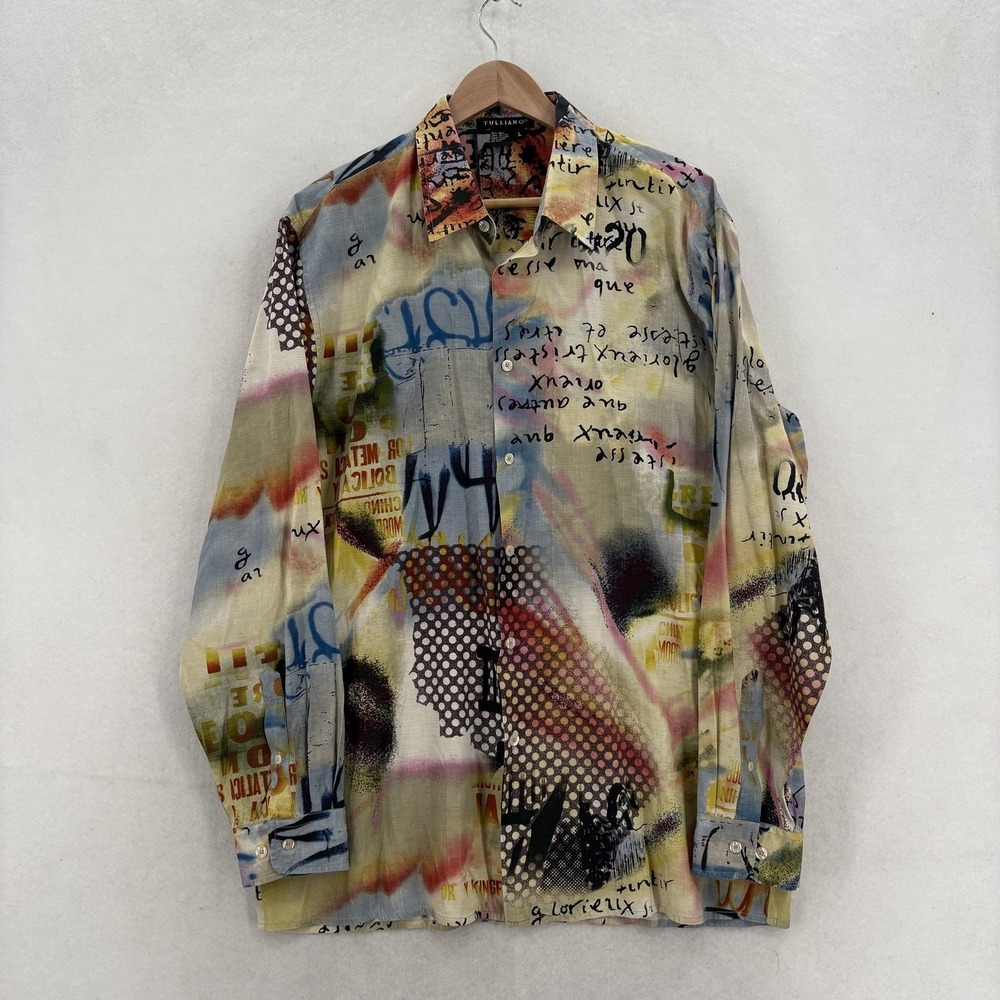 Tulliano Shirt Mens L Multicolor Silk Cotton Long Sleeve Graphic Art Button Up